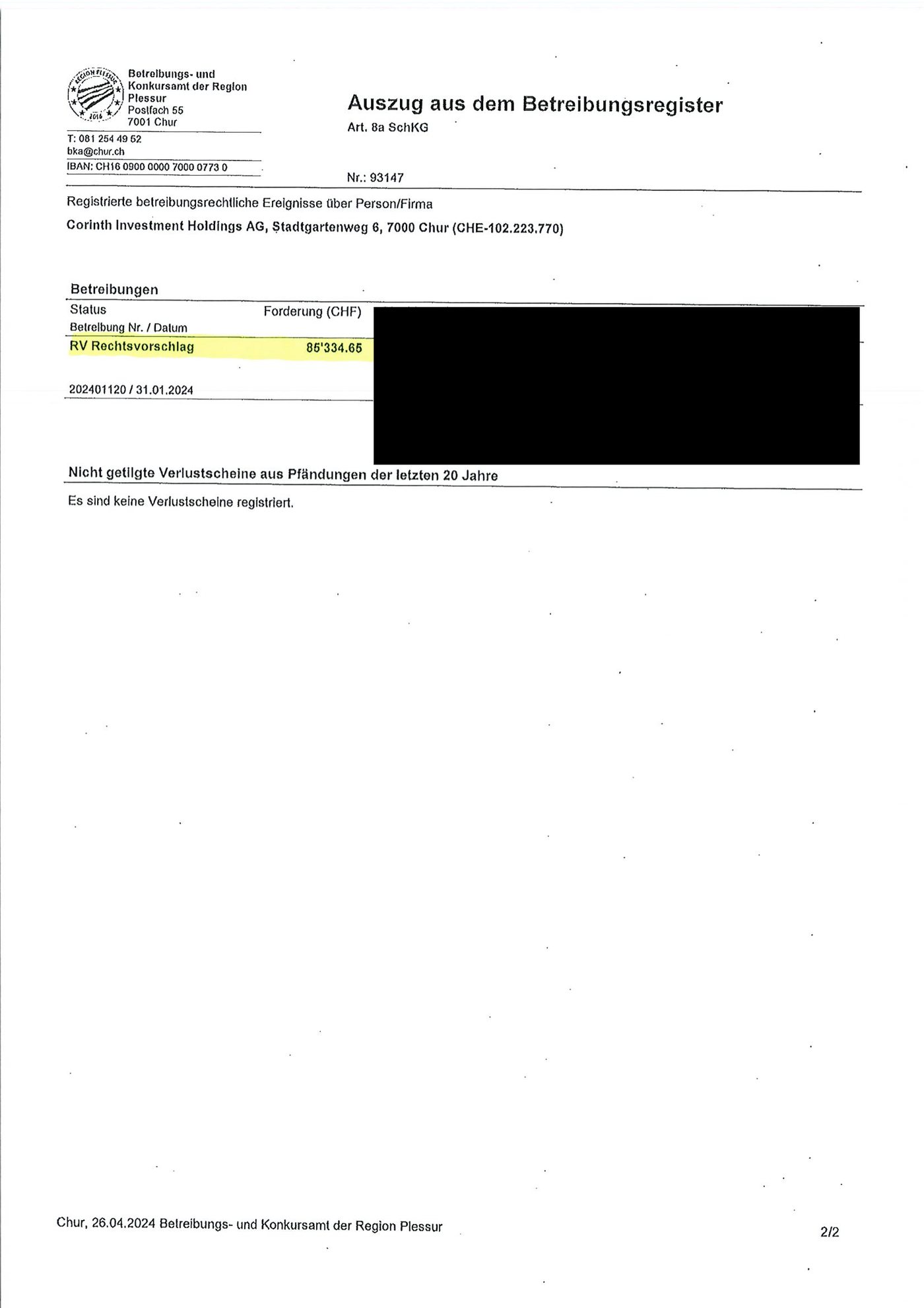 Betreibungsregister extract Corinth Investment Holdings AG CHF 85,334.65 claim