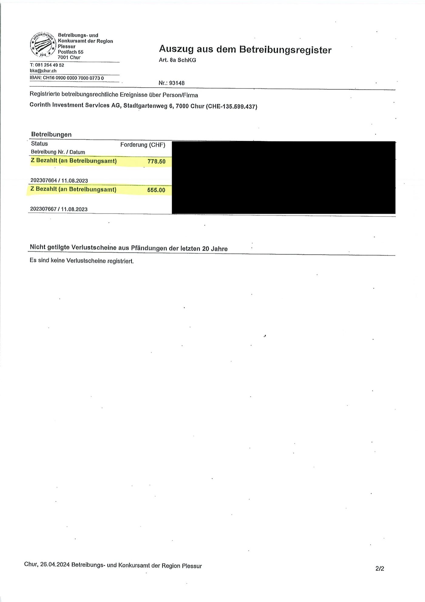 Betreibungsregister extract Corinth Investment Services AG tax claims