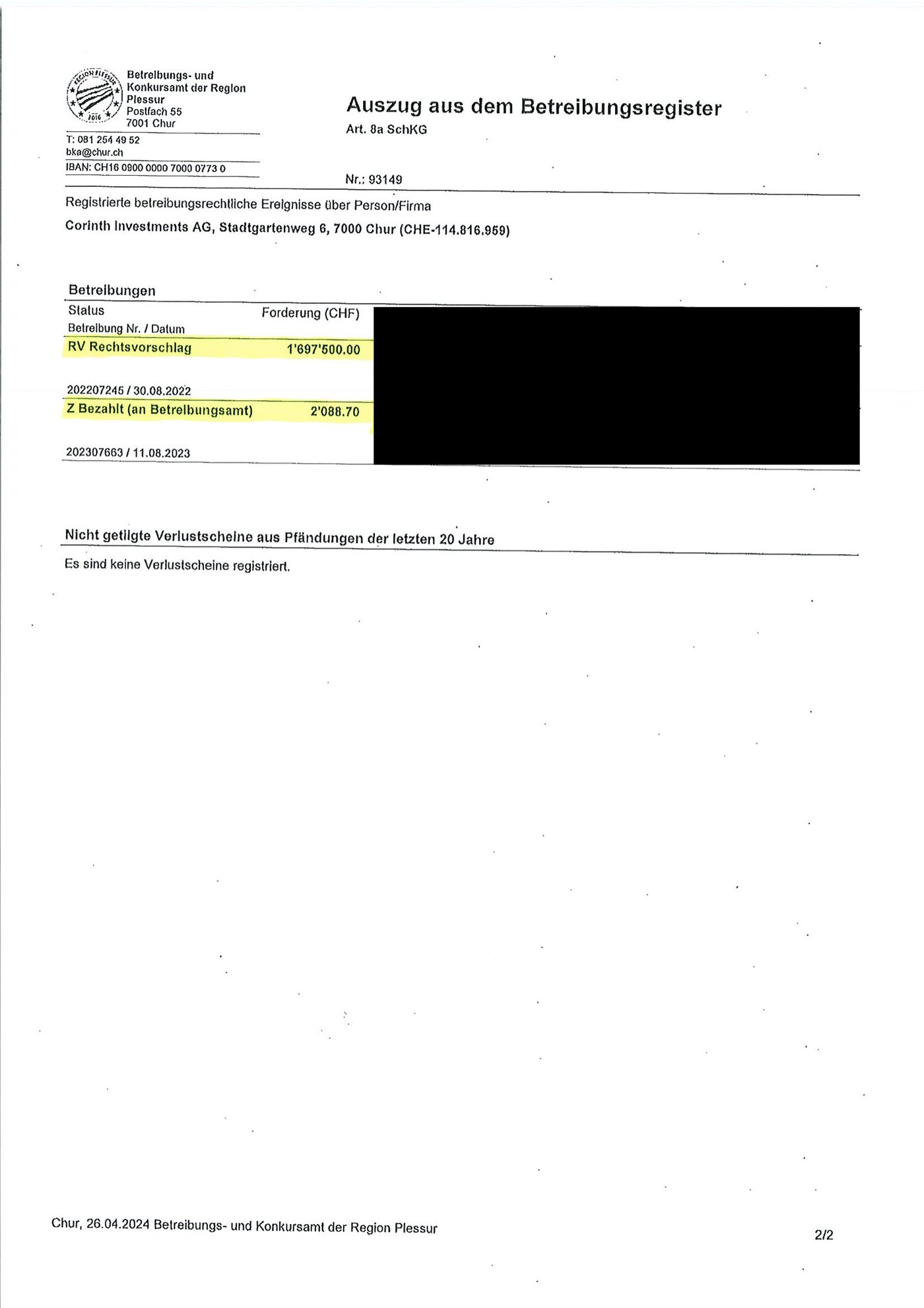 Betreibungsregister extract Corinth Investments AG CHF 1,697,500 claim