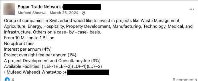 Facebook broker advertisement offering Swiss funding under Corinth facility names LEF-1, LEF-2, LDF-1, LDF-2 with 'No upfront fees'