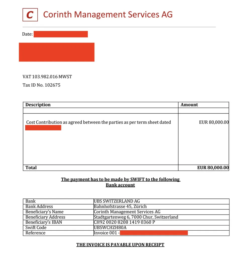 Corinth Management Services AG invoice showing UBS bank details