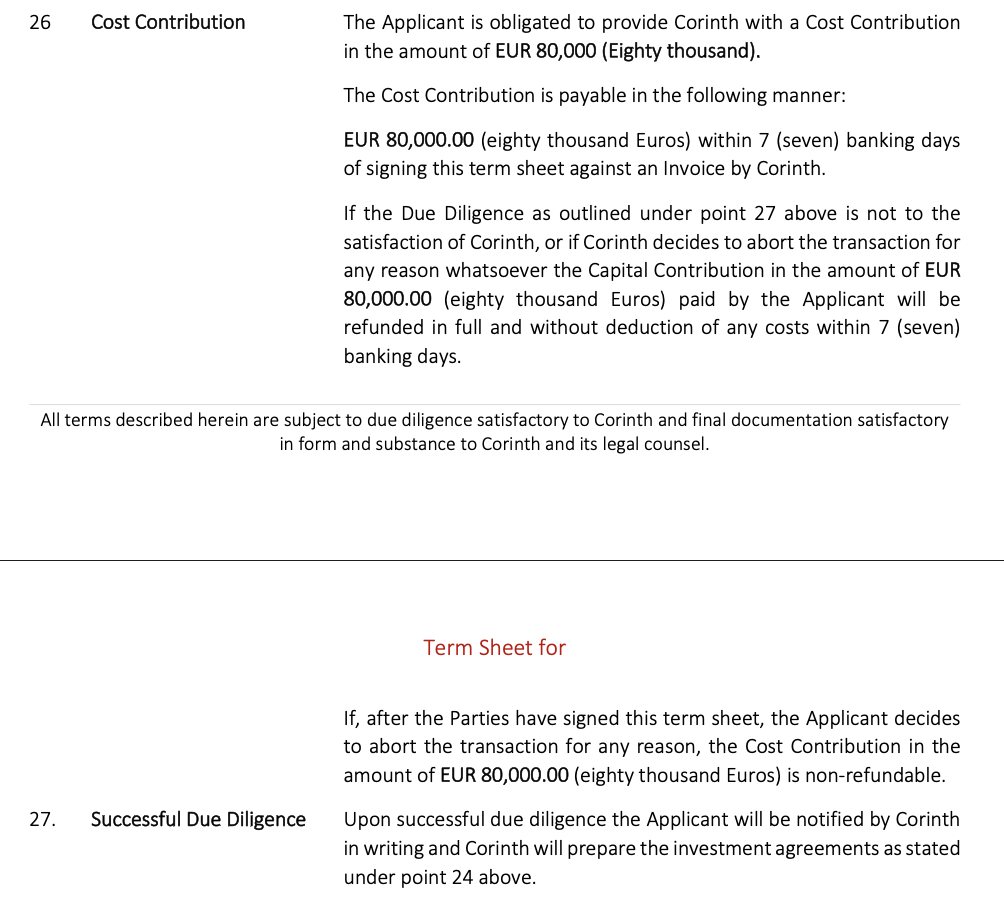 Article 26 Cost Contribution refund clause in the Corinth Group term sheet
