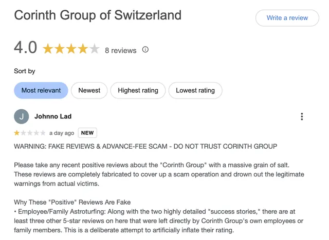 Google review screenshot by “Johno Lad”, questioning the authenticity of positive reviews.