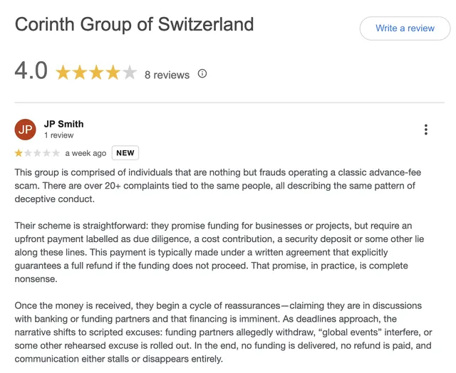Google review screenshot by “JP Smith”, describing an alleged advance-fee funding pattern.