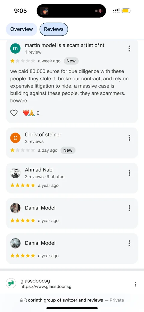 Google reviews screenshot containing an €80,000 complaint and additional reviewer ratings.