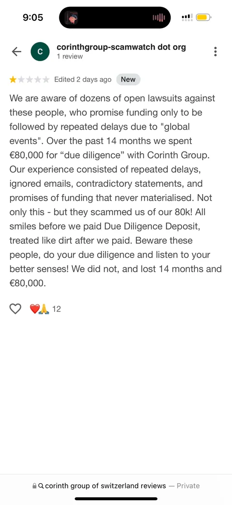 Google review screenshot by “corinthgroup-scamwatch dot org”, describing a reported €80,000 payment and delays.