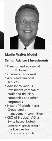 Martin Walter Model Corinth Invest biography claiming Director and CEO of Bioplatin AG