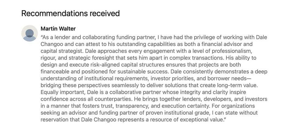 Martin Walter Model LinkedIn recommendation of Dale Changoo