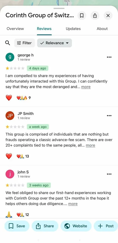 Google review of Corinth Group of Switzerland — published third-party account.