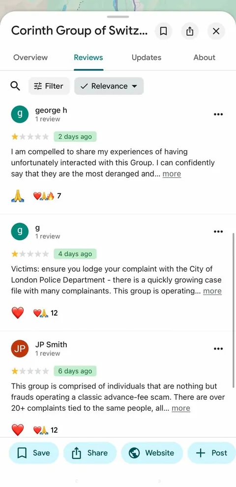 Google review of Corinth Group of Switzerland — published third-party account.