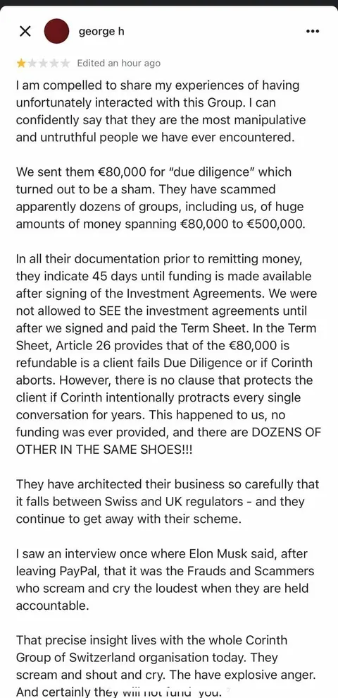 Google review of Corinth Group of Switzerland — published third-party account.