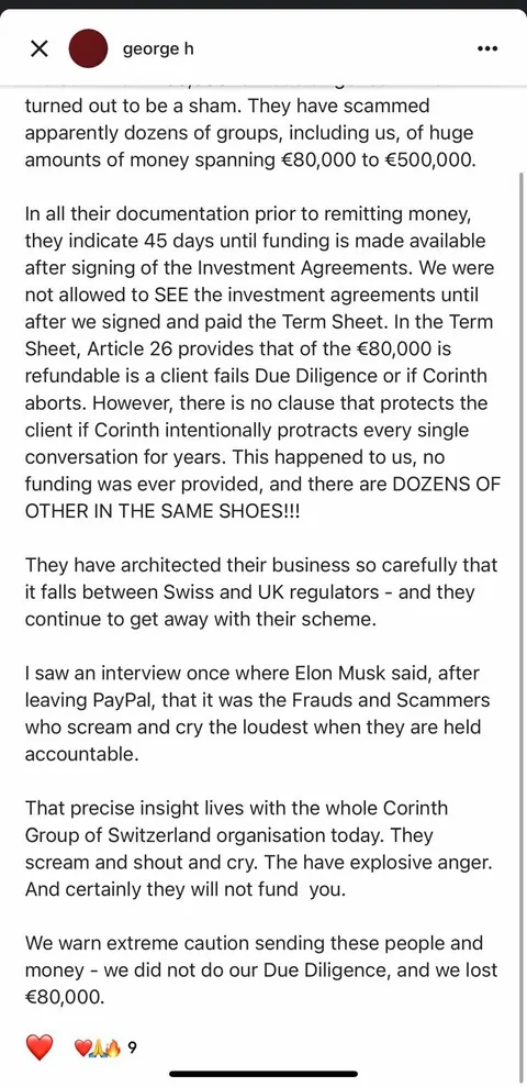 Google review of Corinth Group of Switzerland — published third-party account.