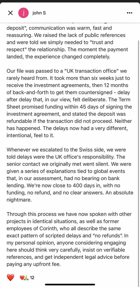 Google review of Corinth Group of Switzerland — published third-party account.