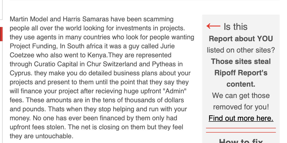 Complaint against the Corinth Group / Martin Model — Original complaint — names Jurie Coetzee (South Africa), Curatio Capital (Chur), Pytheas (