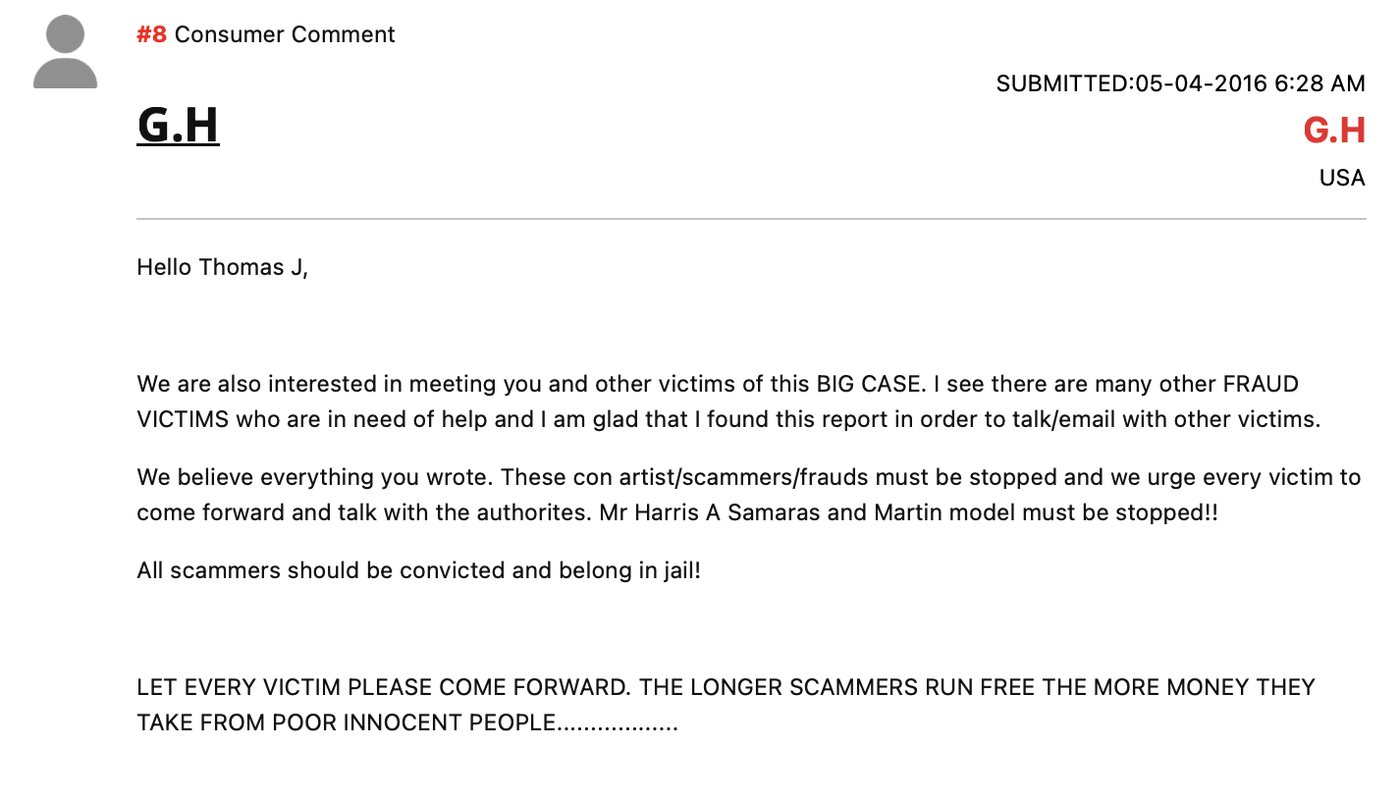Complaint against the Corinth Group / Martin Model — G.H (USA), May 2016 — “we urge every victim to come forward”