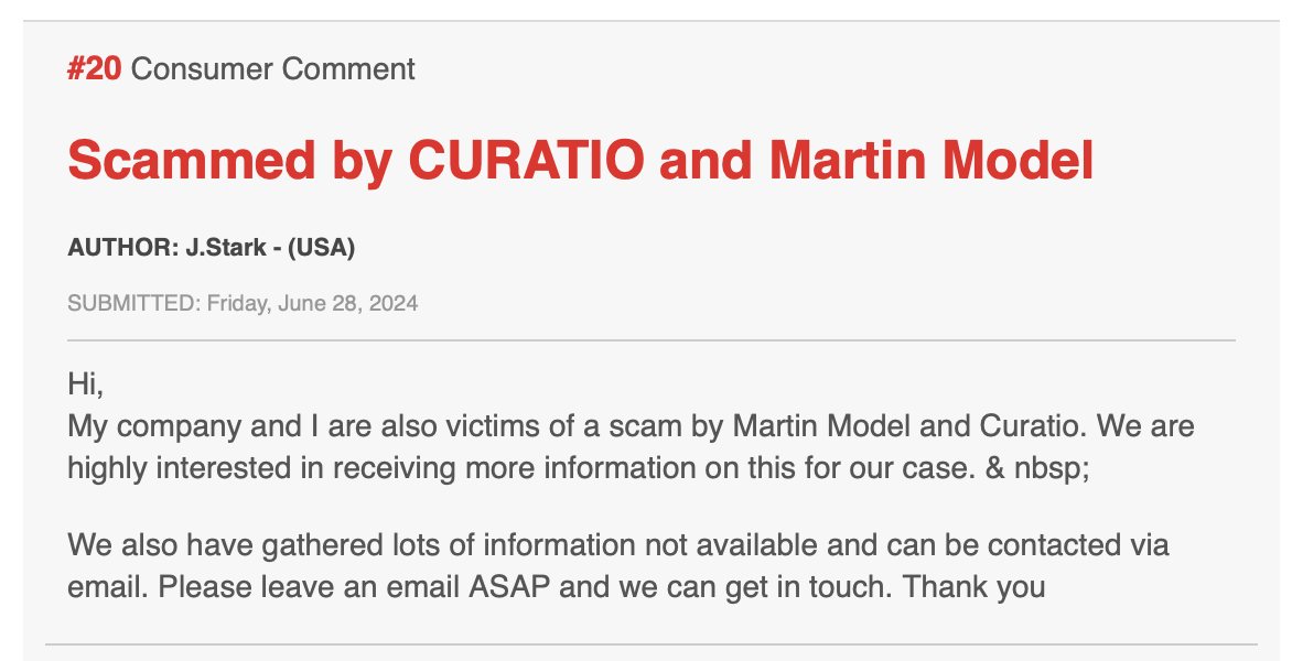Complaint against the Corinth Group / Martin Model — J. Stark (USA), June 2024 — “also victims of a scam by Martin Model and Curatio”